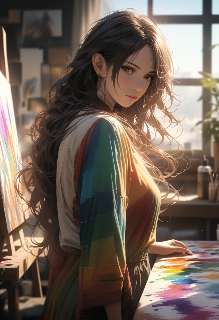 (best quality, 8k, masterpiece, highres, ultra-detailed), photorealistic, woman, art studio, painting, creative energy, concentrated expression, blending colors, palette, long flowing hair, vibrant hues, bohemian spirit, loose-fitting dress, colorful dress, layers of textures, patterns, artistic personality, relaxed pose, fluid movement, creative flow, natural light, soft shadows, artistic atmosphere, realistic skin.