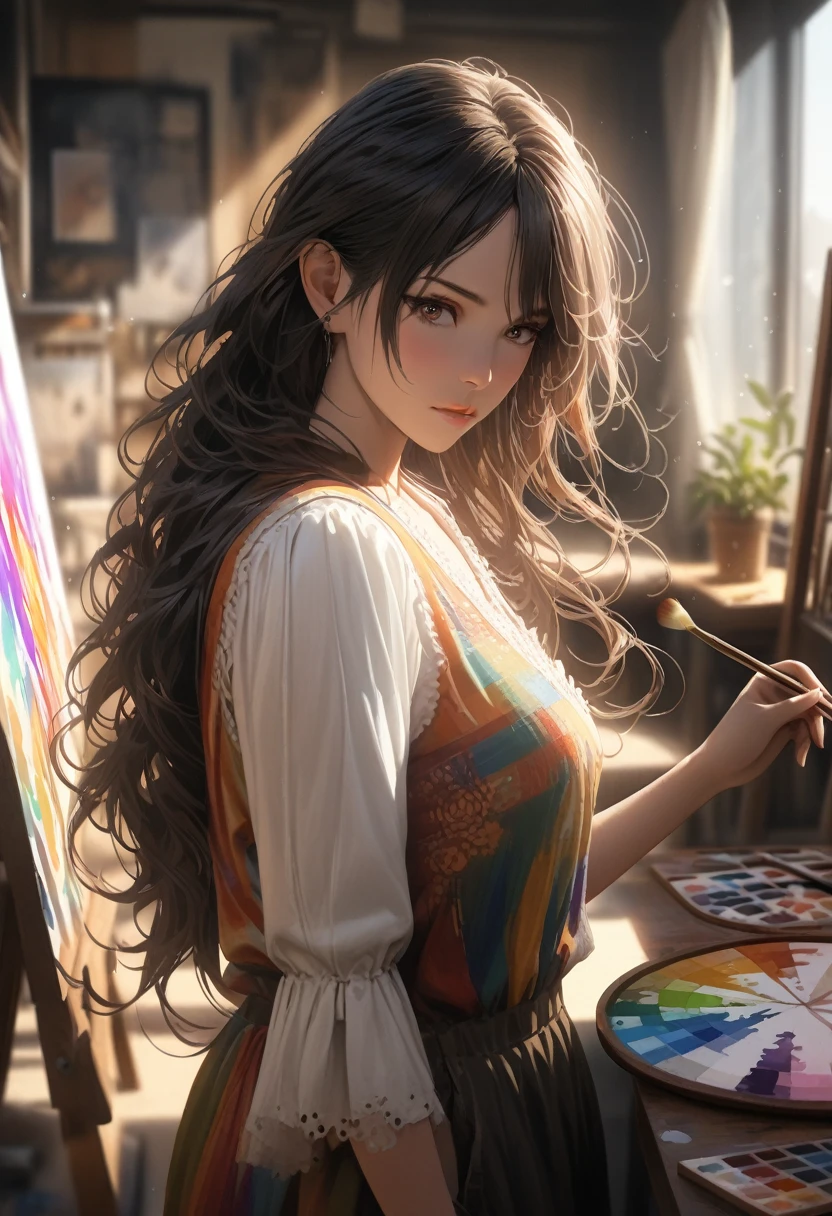 (best quality, 8k, masterpiece, highres, ultra-detailed), photorealistic, woman, art studio, painting, creative energy, concentrated expression, blending colors, palette, long flowing hair, vibrant hues, bohemian spirit, loose-fitting dress, colorful dress, layers of textures, patterns, artistic personality, relaxed pose, fluid movement, creative flow, natural light, soft shadows, artistic atmosphere, realistic skin.