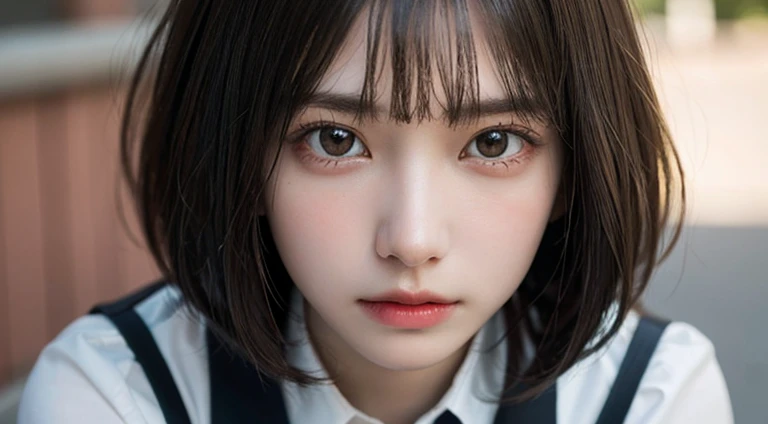 (Bob Cut Hair:1.2),(Wearing school uniform:1.2),1 girl,Japanese,21 years old,(Small breasts:1.3),(Highest quality,masterpiece:1.3,超A high resolution,),(Ultra-detailed,Caustics),(Photorealistic:1.4,RAW shooting,)Ultra-Realistic Capture,Very detailed,High resolution 16K human skin close-up。 Natural skin texture、,Pores、、It needs to be detailed enough to be easily identifiable。 Skin should be even-toned and healthy looking。 Use natural light and colour, Sad expression, Looking at the camera, Perfect dynamic composition, Outdoor