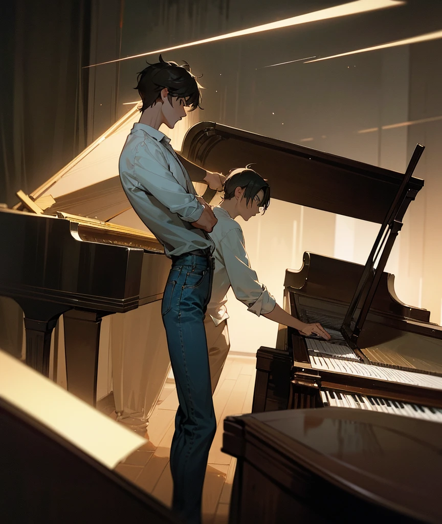 Capture a handsome young man playing a piano in a dimly lit studio, exuding a somber and melancholic mood. He is dressed in a simple, casual outfit, perhaps a plain shirt and jeans, his expression reflecting deep emotion and sadness. The lighting is soft, casting gentle shadows that emphasize the reflective atmosphere. In the background, a sign or logo that reads 'JM Music' is subtly illuminated, adding a touch of professionalism to the scene. The focus should be on his pensive demeanor and the melancholic ambiance, highlighting the emotional connection between the musician and his music."