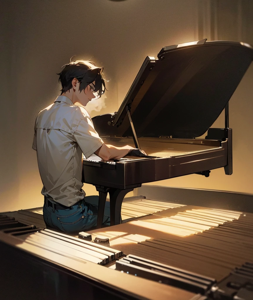 Capture a handsome young man playing a piano in a dimly lit studio, exuding a somber and melancholic mood. He is dressed in a simple, casual outfit, perhaps a plain shirt and jeans, his expression reflecting deep emotion and sadness. The lighting is soft, casting gentle shadows that emphasize the reflective atmosphere. In the background, a sign or logo that reads 'JM Music' is subtly illuminated, adding a touch of professionalism to the scene. The focus should be on his pensive demeanor and the melancholic ambiance, highlighting the emotional connection between the musician and his music."