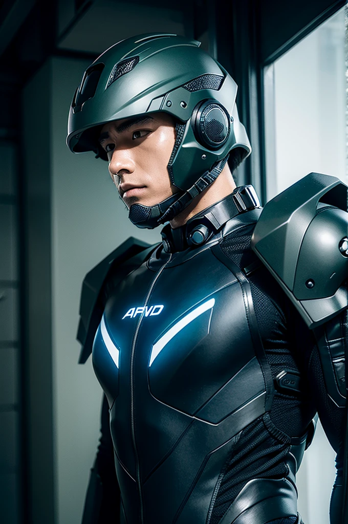 Wearing an advanced cybernetic suit、Realistic camouflage combat male with cyberpunk tech helmet，Half face