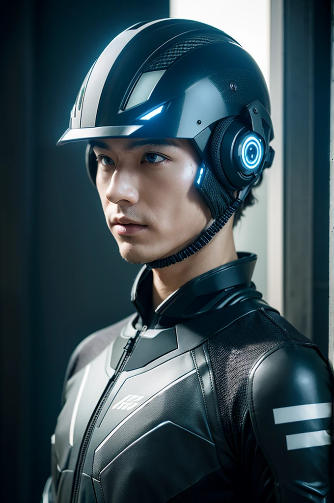 Wearing an advanced cybernetic suit、Realistic camouflage combat male with cyberpunk tech helmet，Half face