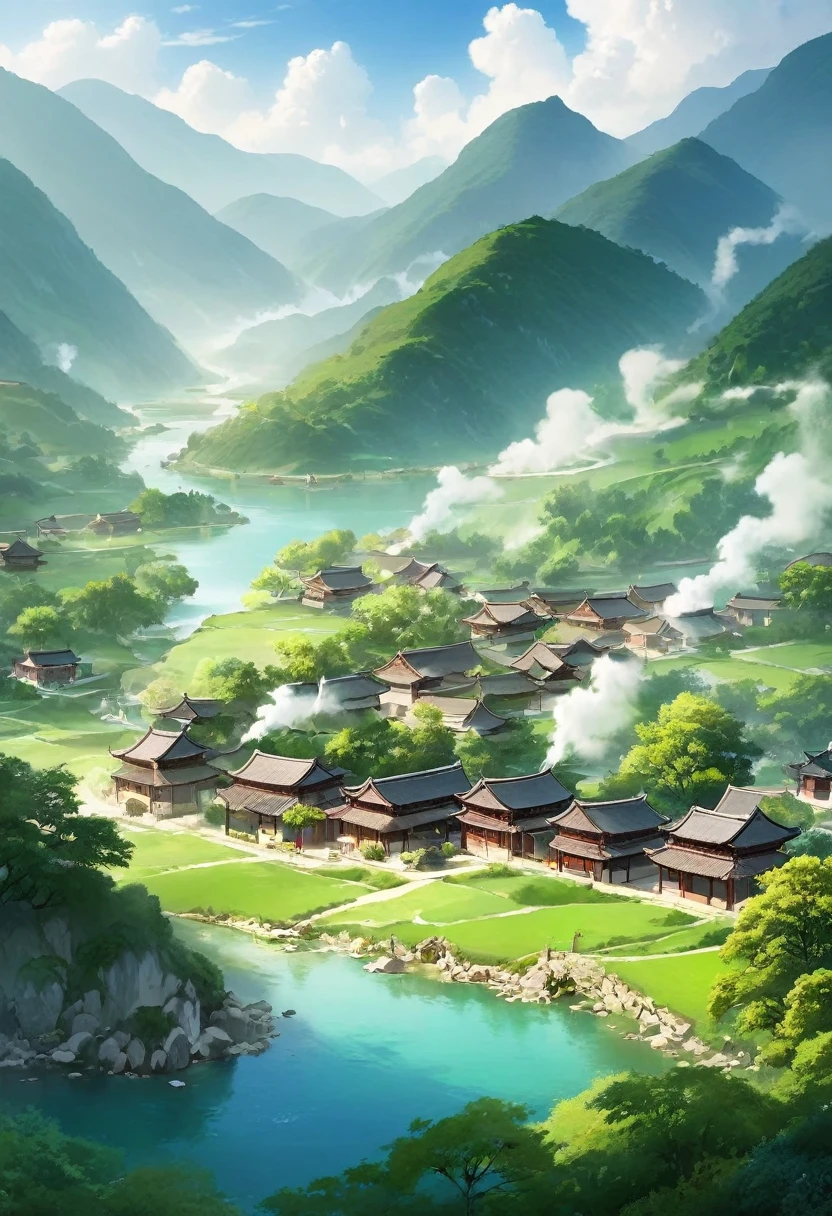 Quiet little village,Surrounded by green mountains and waters,Smoke from cooking,Ancient Chinese pastoral style