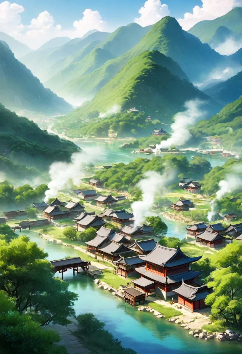 Quiet little village，Surrounded by green mountains and waters，Smoke from cooking，Ancient Chinese pastoral style