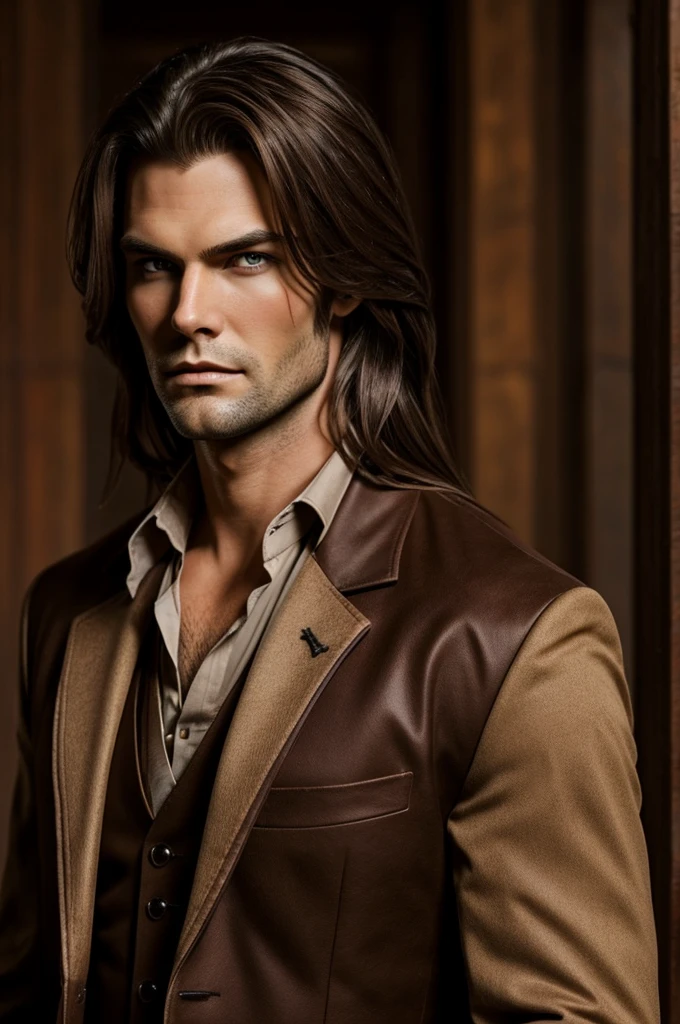 tall pureblood vampire, handsome, stocky, brown hair, wears elegant clothes and occasionally looks like a cowboy, has slightly long brown hair, Red eyes, serious, Gothic 