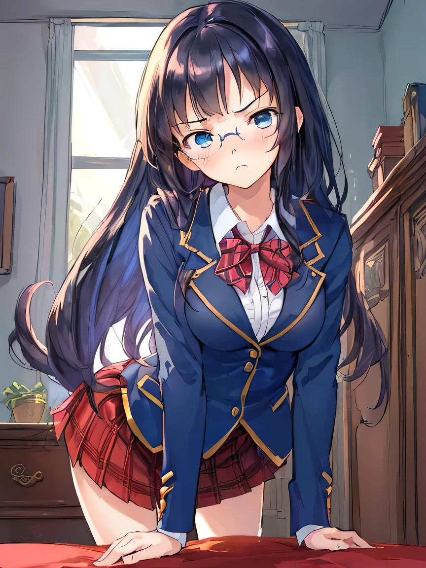 ((Masterpiece)), ((top quality)), very detailed, animated style illustration, bedroom, 1girl, cute girl, solo, Diagonal, from below, looking down, upper body, face focus, blazer uniform, skirts, (beautiful eyes), beautiful black hair, long hair, slim, slender, glasses, medium breast, (leaning forward:1.4), (pouty face:1.3), (>:(:1.1).