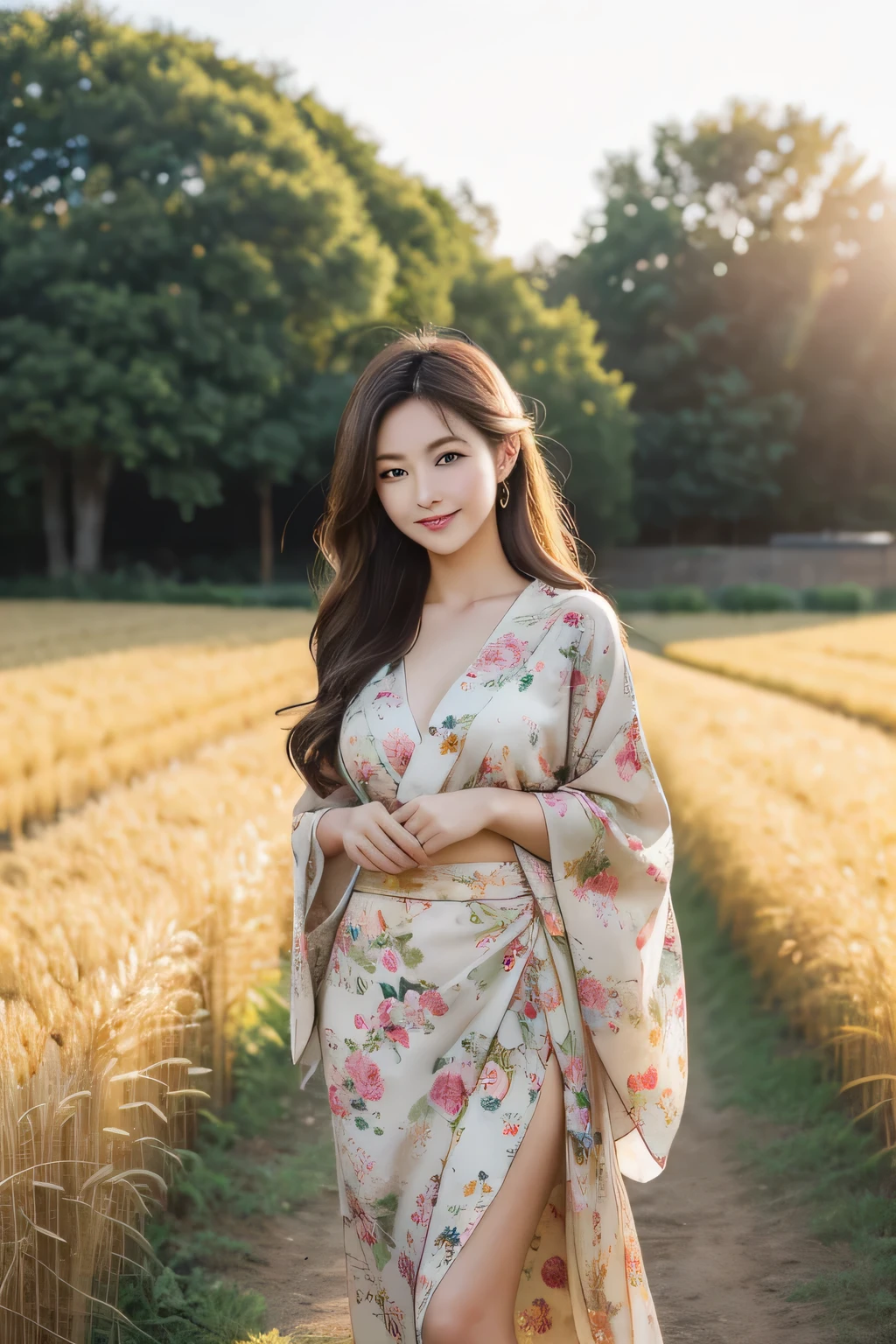 Young Girls, Standing in a rustic farm setting. She has a soft, Gentle smile, Expressive eyes and sexy cleavage. The background features a charming barn, Golden wheat fields, and a clear blue sky. The work should be bathed in warm, Golden hour lighting, Gentle depth of field and soft bokeh highlight the tranquility of the countryside. Capture images,Just like shooting with old 35mm film,Add charm, Looking at the audience, Floral_Print, Print_skirt, Print_kimono