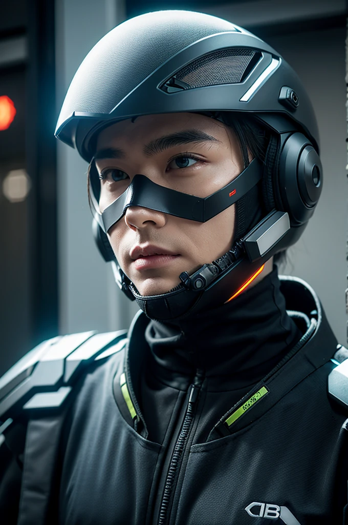 Wearing an advanced cybernetic suit、Realistic camouflage combat male with cyberpunk tech helmet，Half face