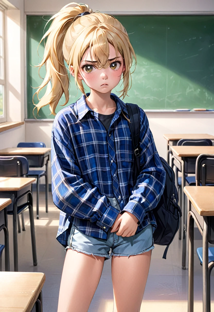 girl, wiry, lean, uneven blonde hair with ponytail, wild, untamed, oversized flannel shirt, shorts, classroom, unhappy