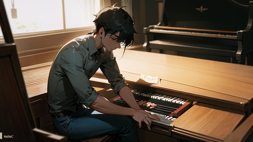 Capture a handsome young man playing a piano in a dimly lit studio, exuding a somber and melancholic mood. He is dressed in a simple, casual outfit, perhaps a plain shirt and jeans, his expression reflecting deep emotion and sadness. The lighting is soft, casting gentle shadows that emphasize the reflective atmosphere. In the background, a sign or logo that reads 'JM Music' is subtly illuminated, adding a touch of professionalism to the scene. The focus should be on his pensive demeanor and the melancholic ambiance, highlighting the emotional connection between the musician and his music."