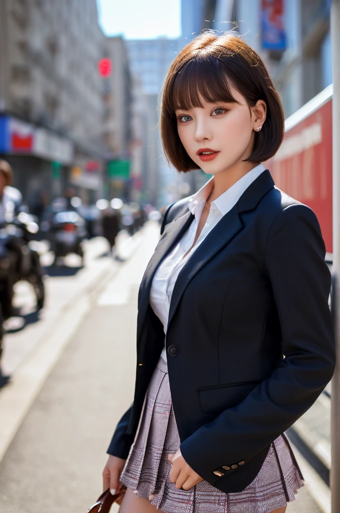 perfect body proportions of a 23 year old female, a face of the most beautiful actress in the world, the short hair cut above the ears for a female, blazer covering formal shirt is tight thanks to large breasts, panties between bare legs are seen just a little thanks to skirt is too short, bare thighs, the outfit is covering whole upper body, at the city street, standing, nsfw, best quality, highly detailed, masterpiece, ultra high res, photo realistic, 8k