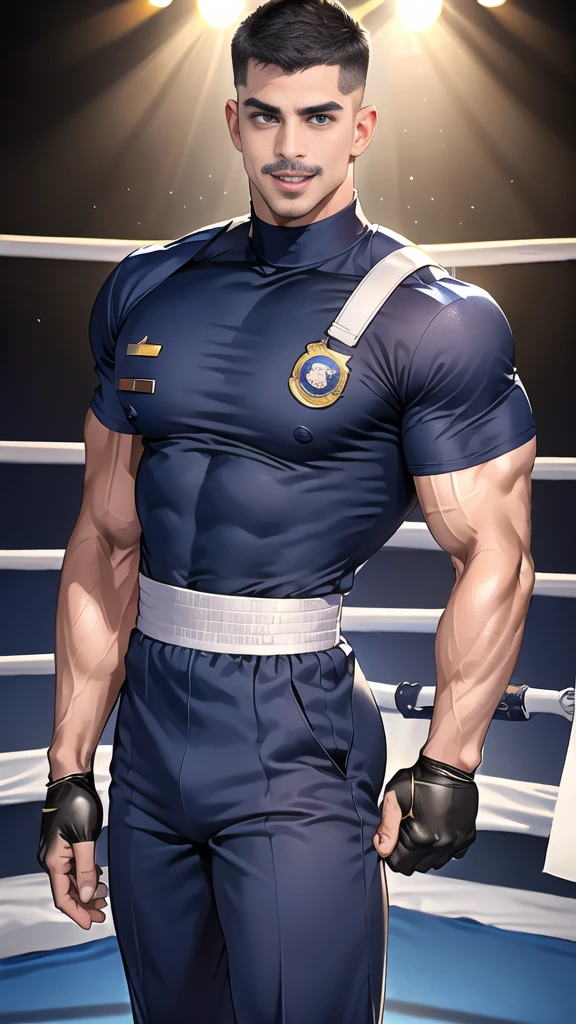 (handsome Man),(Thin mustache:1.1),(crew cut short hair:1.5),black eye,
(navy blue tight-fitting round neck short sleeve T-shirt:1.3),(Police badge:1.3),navy blue cargo pants,(navy_gloves:1,3),(navy_backpack:1.3),(sunglasses:1.3),
Korean guy,chest muscles,large arm muscles,blood vessel,Big muscles,Broad shoulders,(open mouth:1.2),(face up:1.2),(open eyes:1.5),middle of the road,smile,(boxing ring:1.4),
