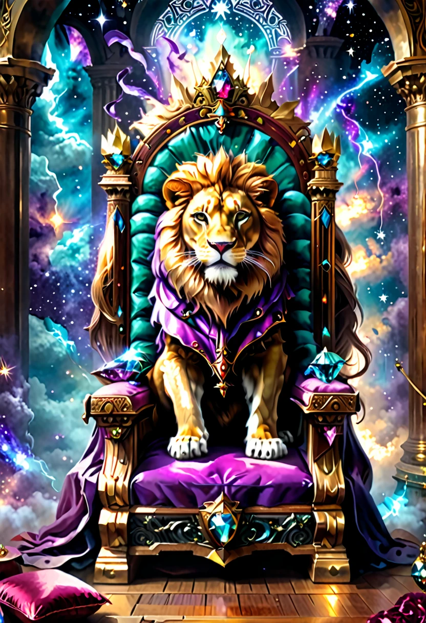 a picture of a massive epic throne, it has purple silk cushions, rubies, topaz, aquamarine gemstones, the throne is epic in its majestic, power, and royalty, symmetric with many  wood decorations and gem artwork, there is an epic lion resting ((at the base of the throne)) , behind the throne there are stars and nebulas of space a sense of high royalty, nobility and magic , (masterpiece: 1.4) a (portrait: 1.3) intense details, highly detailed, photorealistic, best quality, highres,16k, [ultra detailed], masterpiece, best quality, (extremely detailed), close up, ultra wide shot, photorealistic, RAW, fantasy art, dnd art, fantasy art, realistic art,((best quality)), ((masterpiece)), (detailed), RagingNebula, aetherpunkai, ral-ntrgmstn