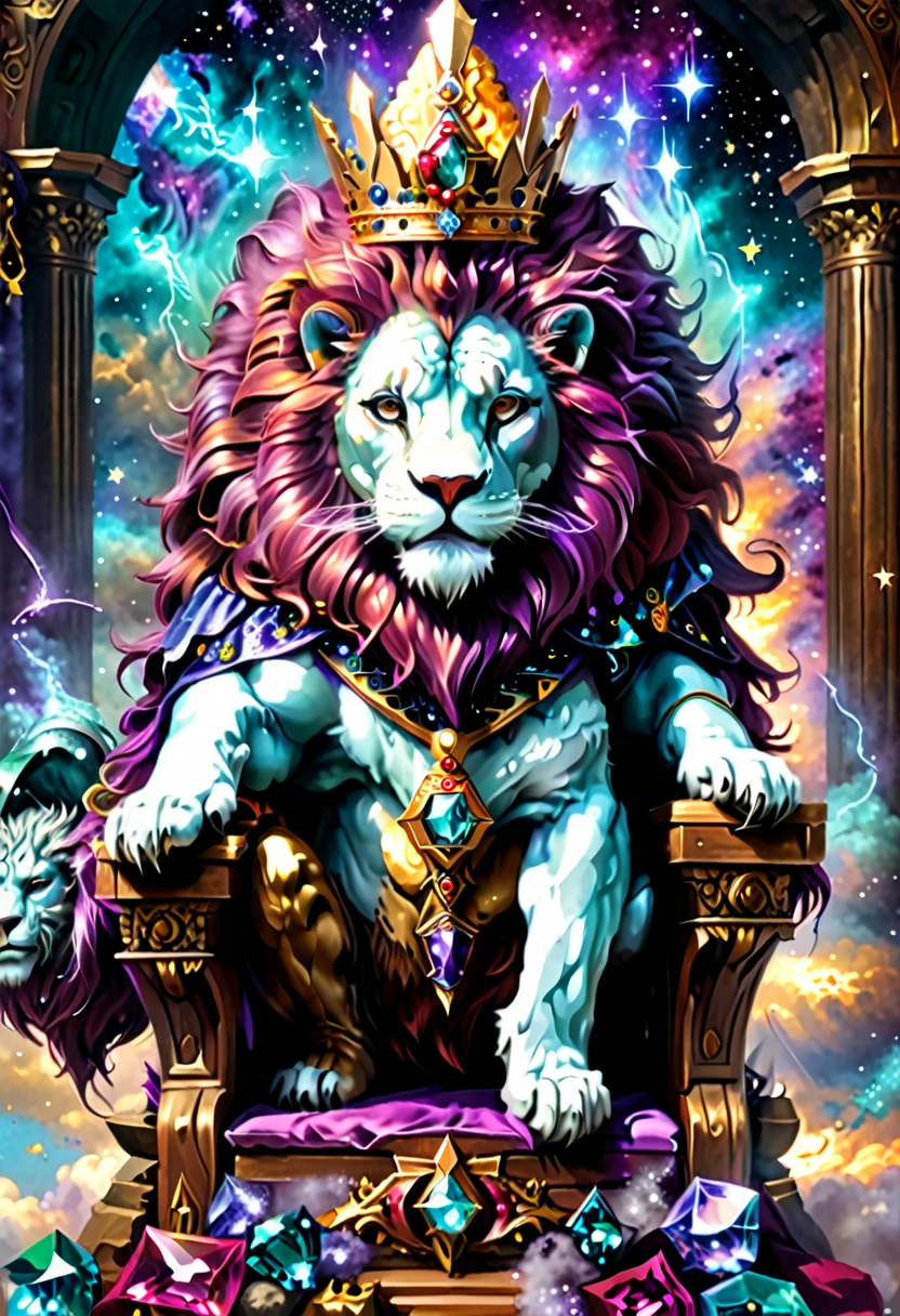 a picture of a massive epic throne, it has purple silk cushions, rubies, topaz, aquamarine gemstones, the throne is epic in its majestic, power, and royalty, symmetric with many  wood decorations and gem artwork, there is an epic lion resting ((at the base of the throne)) , behind the throne there are stars and nebulas of space a sense of high royalty, nobility and magic , (masterpiece: 1.4) a (portrait: 1.3) intense details, highly detailed, photorealistic, best quality, highres,16k, [ultra detailed], masterpiece, best quality, (extremely detailed), close up, ultra wide shot, photorealistic, RAW, fantasy art, dnd art, fantasy art, realistic art,((best quality)), ((masterpiece)), (detailed), RagingNebula, aetherpunkai, ral-ntrgmstn