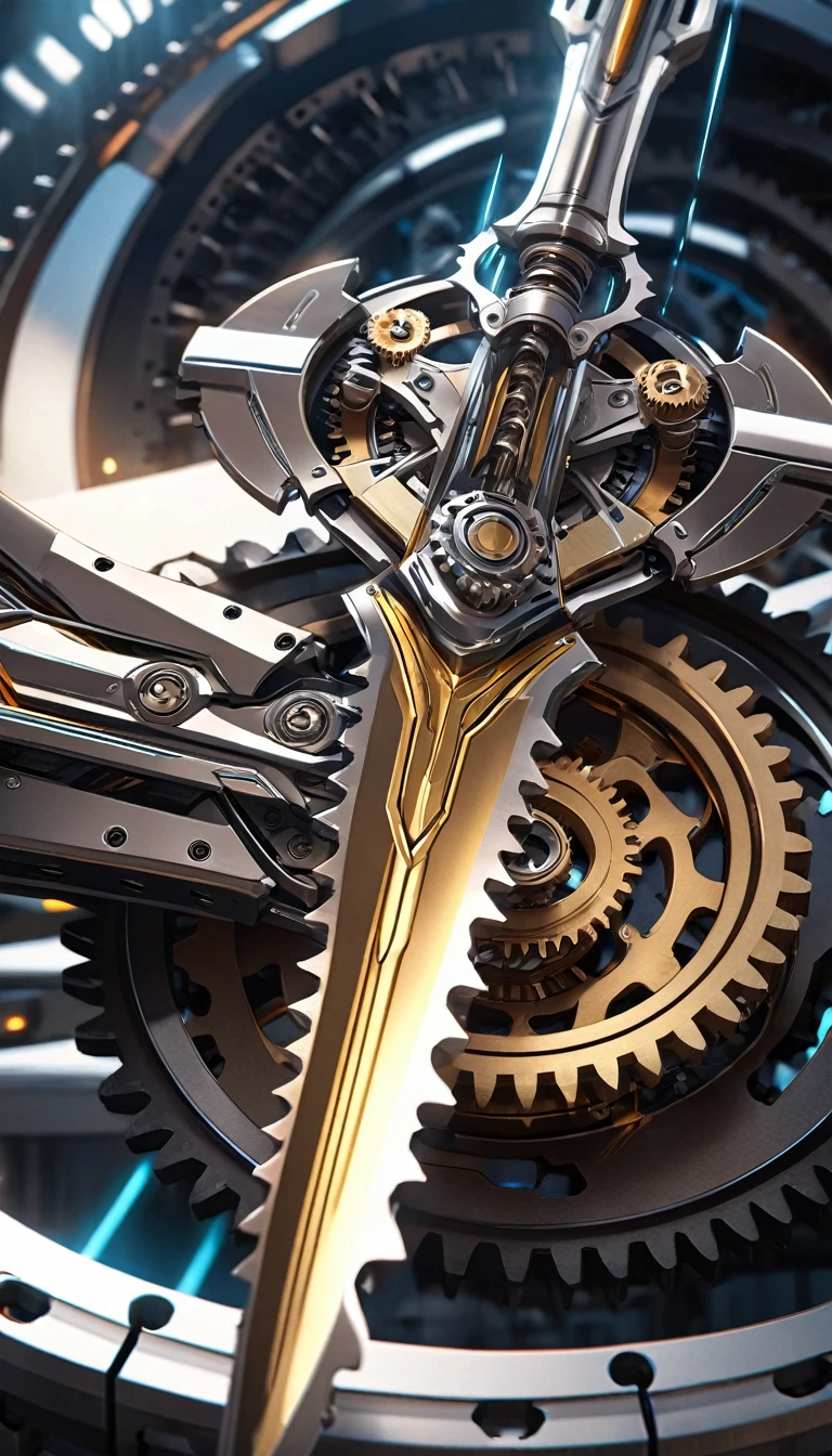 a large futuristic mechanical sawblade sword, intricate mechanical details, highly polished chrome and titanium alloy, gleaming edge, complex gears and pistons, dynamic pose, cinematic lighting, photorealistic, sci-fi, masterpiece
