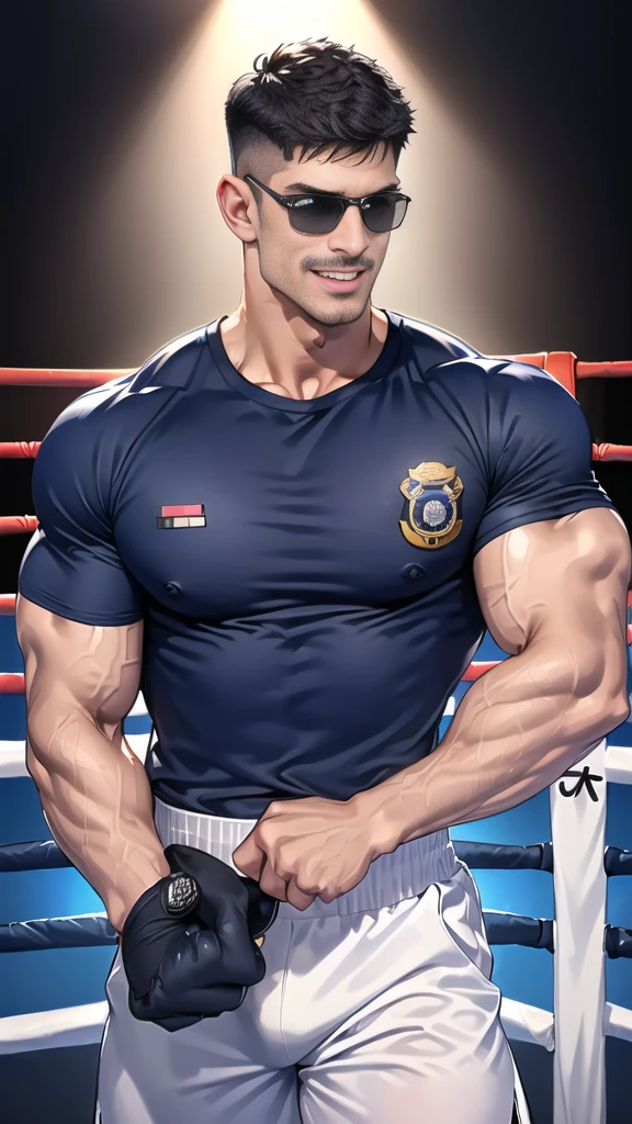 (handsome Man),(Thin mustache:1.1),(crew cut short hair:1.5),black eye,
(navy blue tight-fitting round neck short sleeve T-shirt:1.3),(Police badge:1.3),navy blue cargo pants,(navy_gloves:1,3),(navy_backpack:1.3),(sunglasses:1.3),
Korean guy,chest muscles,large arm muscles,blood vessel,Big muscles,Broad shoulders,(open mouth:1.2),(face up:1.2),(open eyes:1.5),middle of the road,smile,(boxing ring:1.4),