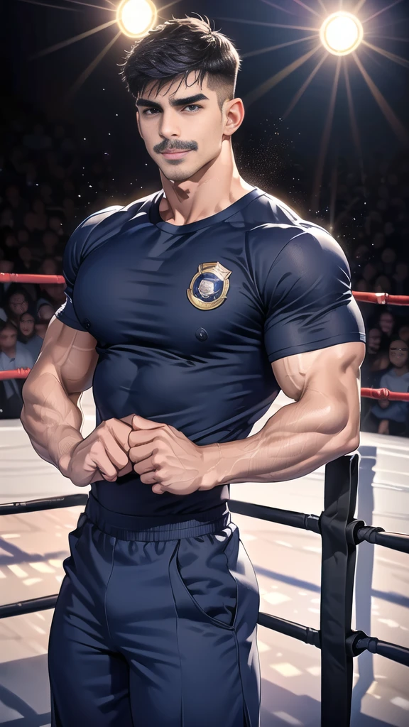 (handsome Man),(Thin mustache:1.1),(crew cut short hair:1.5),black eye,
(navy blue tight-fitting round neck short sleeve T-shirt:1.3),(Police badge:1.3),navy blue cargo pants,(navy_gloves:1,3),(navy_backpack:1.3),(sunglasses:1.3),
Korean guy,chest muscles,large arm muscles,blood vessel,Big muscles,Broad shoulders,(open mouth:1.2),(face up:1.2),(open eyes:1.5),middle of the road,smile,(boxing ring:1.4),
