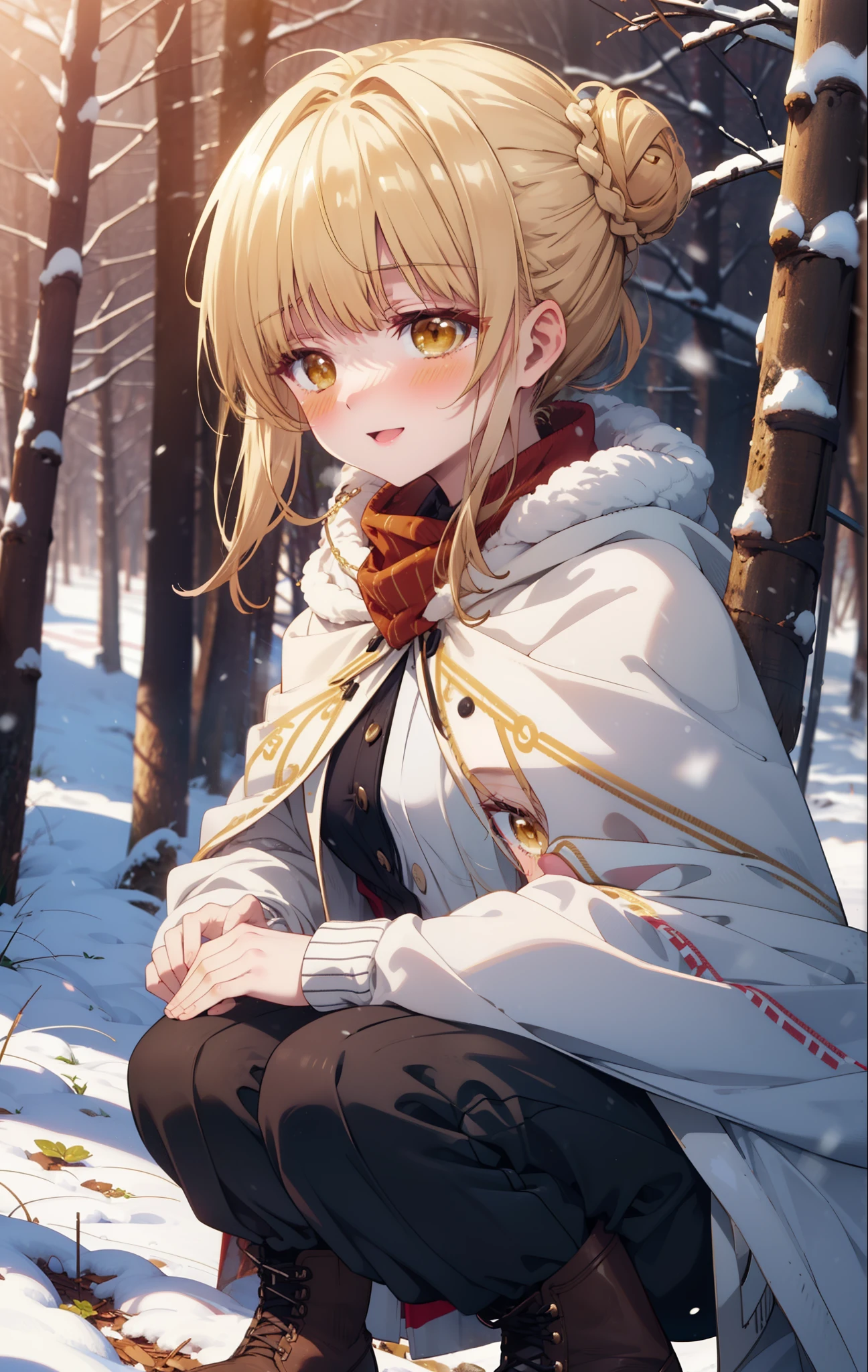 This is Mahirushiina, Mahiru Shiina, blonde, (Brown eyes:1.7), Long Hair, happy smile, smile, Open your mouth,Hair Bun, single Hair Bun,blush,White Breath,
Open your mouth,snow,Bonfire on the ground, Outdoor, boots, snowing, From the side, wood, suitcase, Cape, Blurred, Increase your meals, forest, White handbag, nature, Squat, Mouth closed, フードed Cape, winter, Written boundary depth, Black shoes, red Cape break looking at viewer, Upper Body, whole body, break Outdoor, forest, nature, break (masterpiece:1.2), Highest quality, High resolution, unity 8k wallpaper, (shape:0.8), (Beautiful and beautiful eyes:1.6), Highly detailed face, Perfect lighting, Extremely detailed CG, (Perfect hands, Perfect Anatomy),