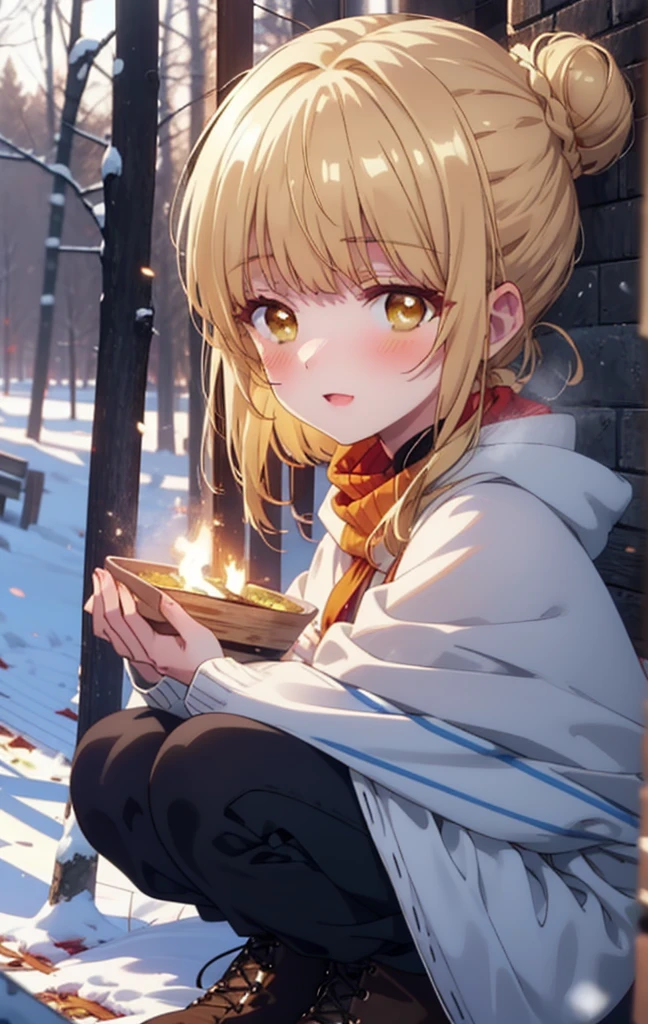 This is Mahirushiina, Mahiru Shiina, blonde, (Brown eyes:1.7), Long Hair, happy smile, smile, Open your mouth,Hair Bun, single Hair Bun,blush,White Breath,
Open your mouth,snow,Bonfire on the ground, Outdoor, boots, snowing, From the side, wood, suitcase, Cape, Blurred, Increase your meals, forest, White handbag, nature,  Squat, Mouth closed, フードed Cape, winter, Written boundary depth, Black shoes, red Cape break looking at viewer, Upper Body, whole body, break Outdoor, forest, nature, break (masterpiece:1.2), Highest quality, High resolution, unity 8k wallpaper, (shape:0.8), (Beautiful and beautiful eyes:1.6), Highly detailed face, Perfect lighting, Extremely detailed CG, (Perfect hands, Perfect Anatomy),