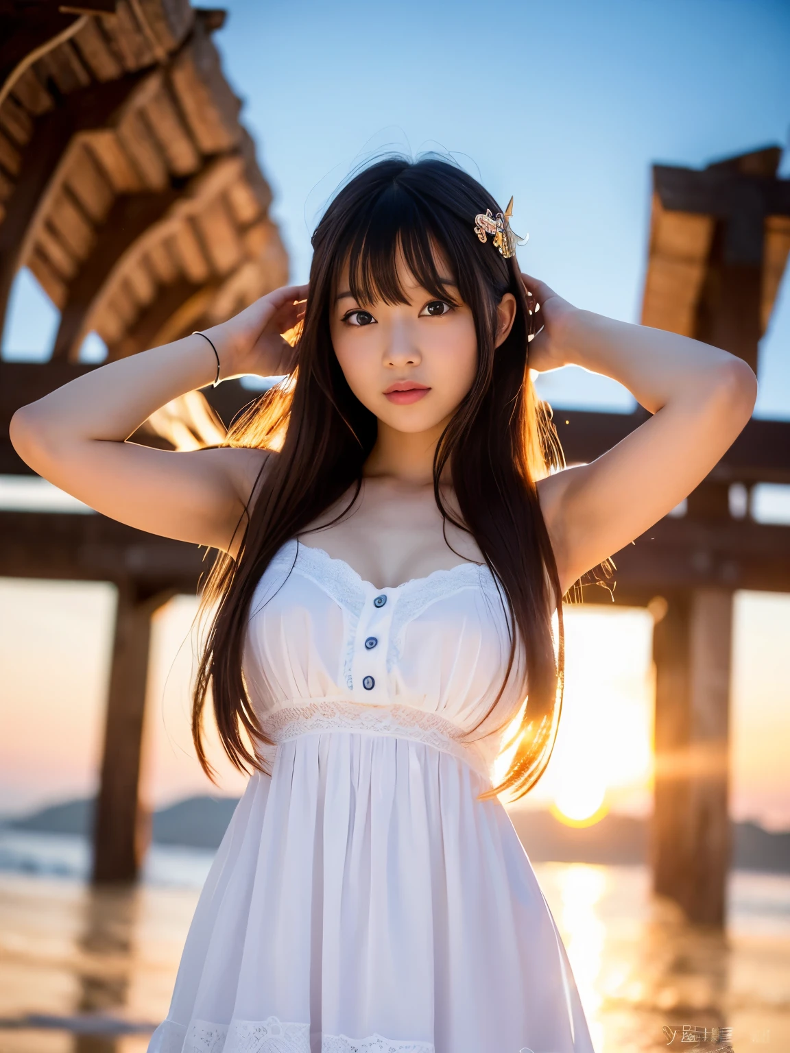 1girl, -yeld, thost famous Japanese idol, (extremely cute face like the most popular Japanese idol, ((extremely cute and extremely big eyes)), extremely beautiful hair), (cowboy shot, dynamic pose), (wearing white long summer-dress with cute-design), standing on extremely beautiful summer-beach, (Best-quality, Masterpiece, Ultra-High-Resolution, (Photorealistic:1.4), Raw Photo, depth of field, professional lighting, perfect anatomy, extremely details)