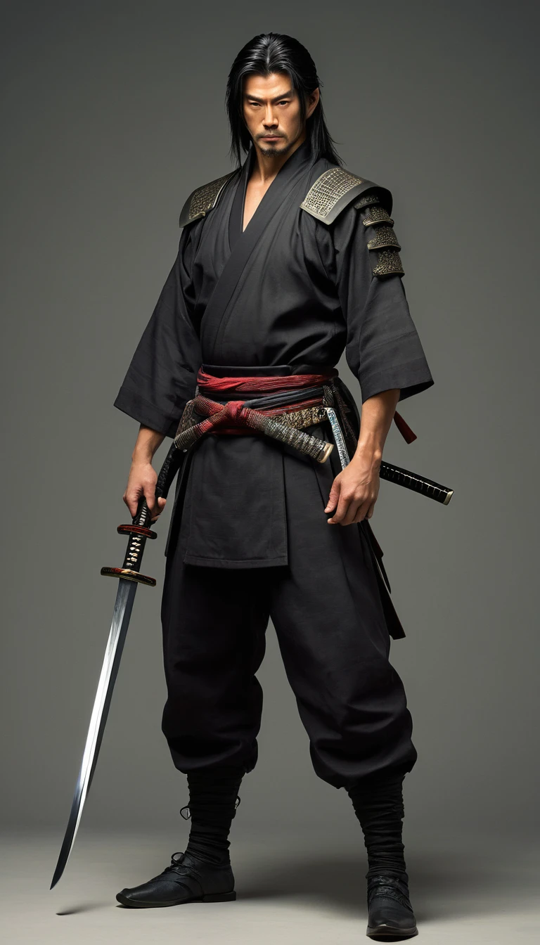 1male samurai warrior standing, (pulling Japanese sword from sheath on waist), (clothes, pants and shoes like a futuristic samurai), mature male, /(long black hair tied up/) bangs, cool expression, (serious look:0.5), dignified, (masterpiece best quality:1.2) delicate illustration ultra-detailed, medium chest BREAK (holding (katana sword:1.2)), (blade shimmering), (holding sword sheath) BREAK
