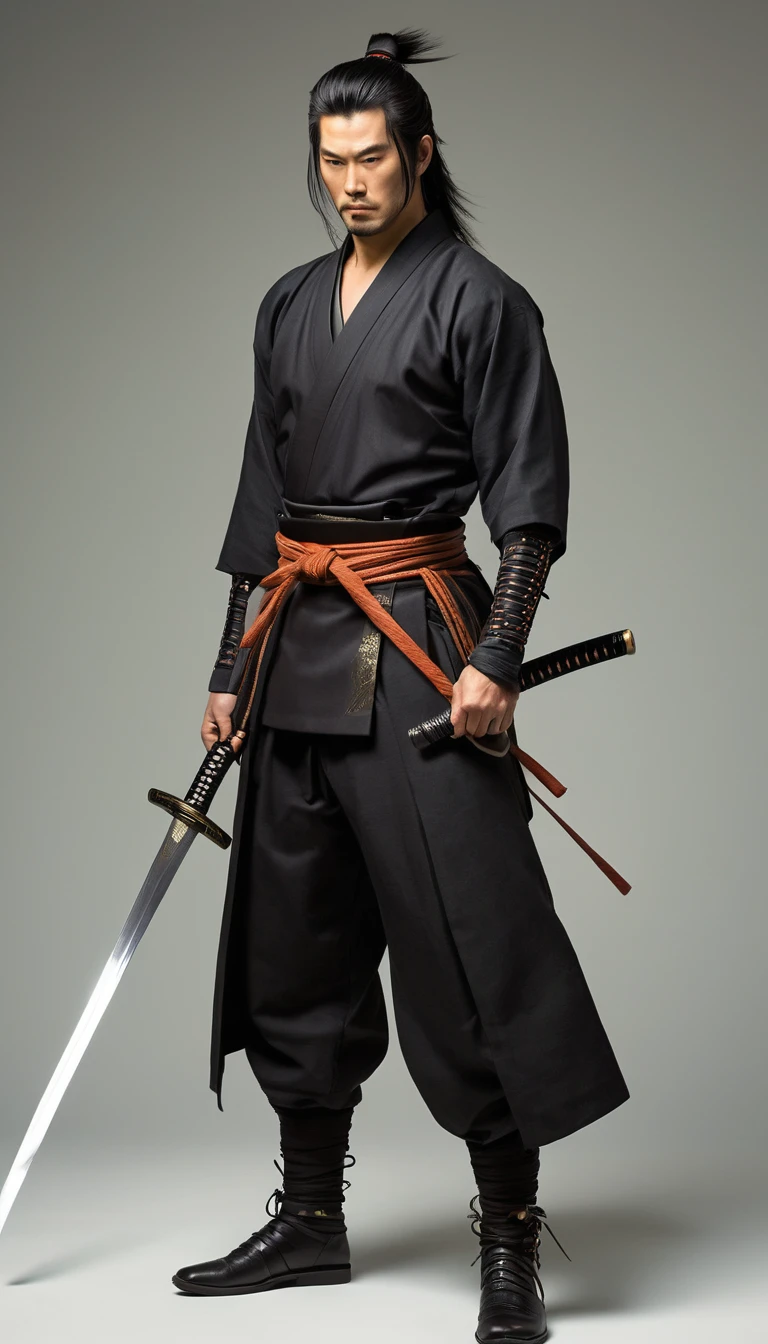 1male samurai warrior standing, (pulling Japanese sword from sheath on waist), (clothes, pants and shoes like a futuristic samurai), mature male, /(long black hair tied up/) bangs, cool expression, (serious look:0.5), dignified, (masterpiece best quality:1.2) delicate illustration ultra-detailed, medium chest BREAK (holding (katana sword:1.2)), (blade shimmering), (holding sword sheath) BREAK