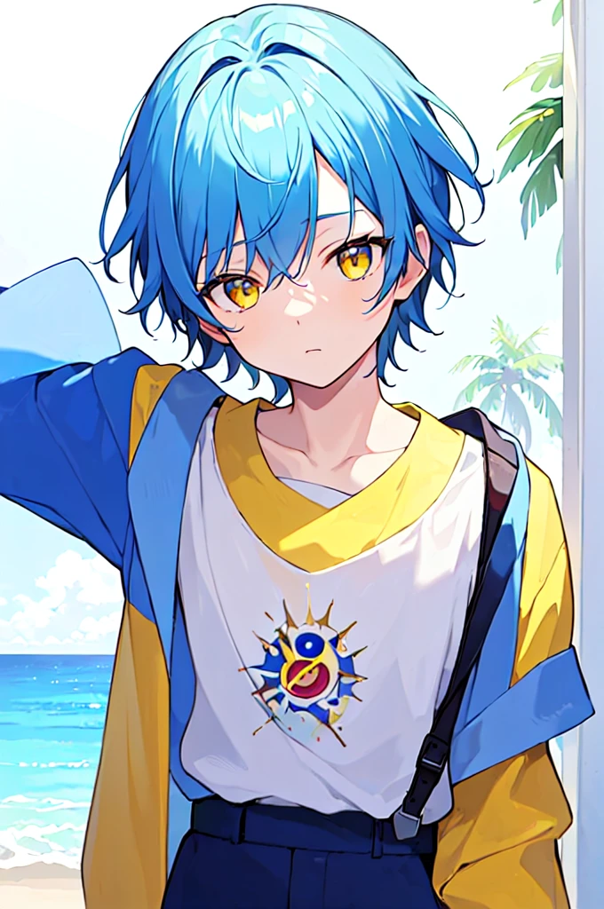 [(WHITE BACKGROUND:1.5),::5], ((((masterpiece)))), high quality, very_high_resolution, large_filesize, upper body, full color, ((Solo)), (()), 13 old year, men's short deepblue hair, vivid color, ((yellow eye)), Summer clothes white, animestyle,
