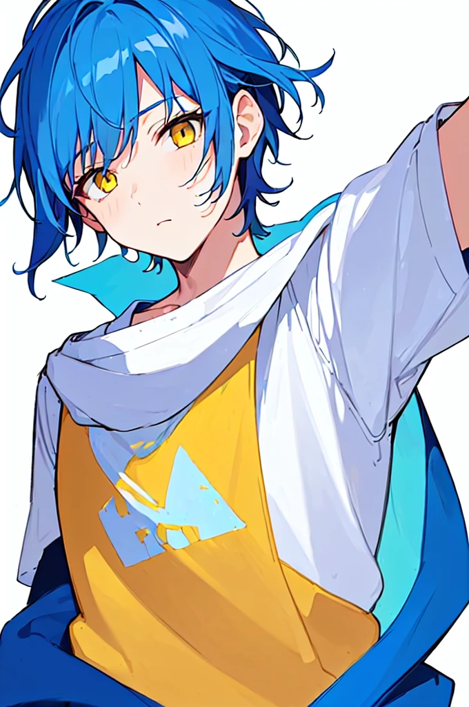 [(WHITE BACKGROUND:1.5),::5], ((((masterpiece)))), high quality, very_high_resolution, large_filesize, upper body, full color, ((Solo)), (( boy)), 13 olds short deepblue hair, vivid color, ((yellow eye)), Summer clothes white, animestyle,