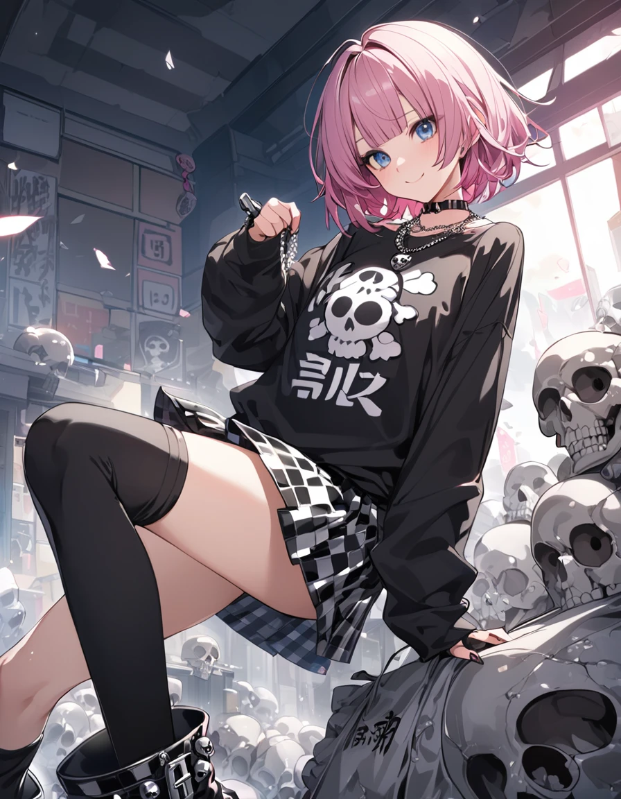 masterpiece, best quality, ultra-detailed, 1girl, pink hair, short hair, ((blunt bangs)), flipped hair, (jitome), blue eyes, Medium chest、slim、Cowboy Shot、smile 、BREAK, (visual-kei, v-Kei:1.0), (black (oversized baggy:1.2) long sleeve t-shirt:1.2) with a (tattered elongated long sleeve), (tucked out:1.4), (skulls and Kanji characters printed on t-shirt), BREAK, (black knee-high:1.5), (oversized baggy boots:1.2), (black checkered mini skirt:1.5), (many silver accessories, necklaces:1.2),