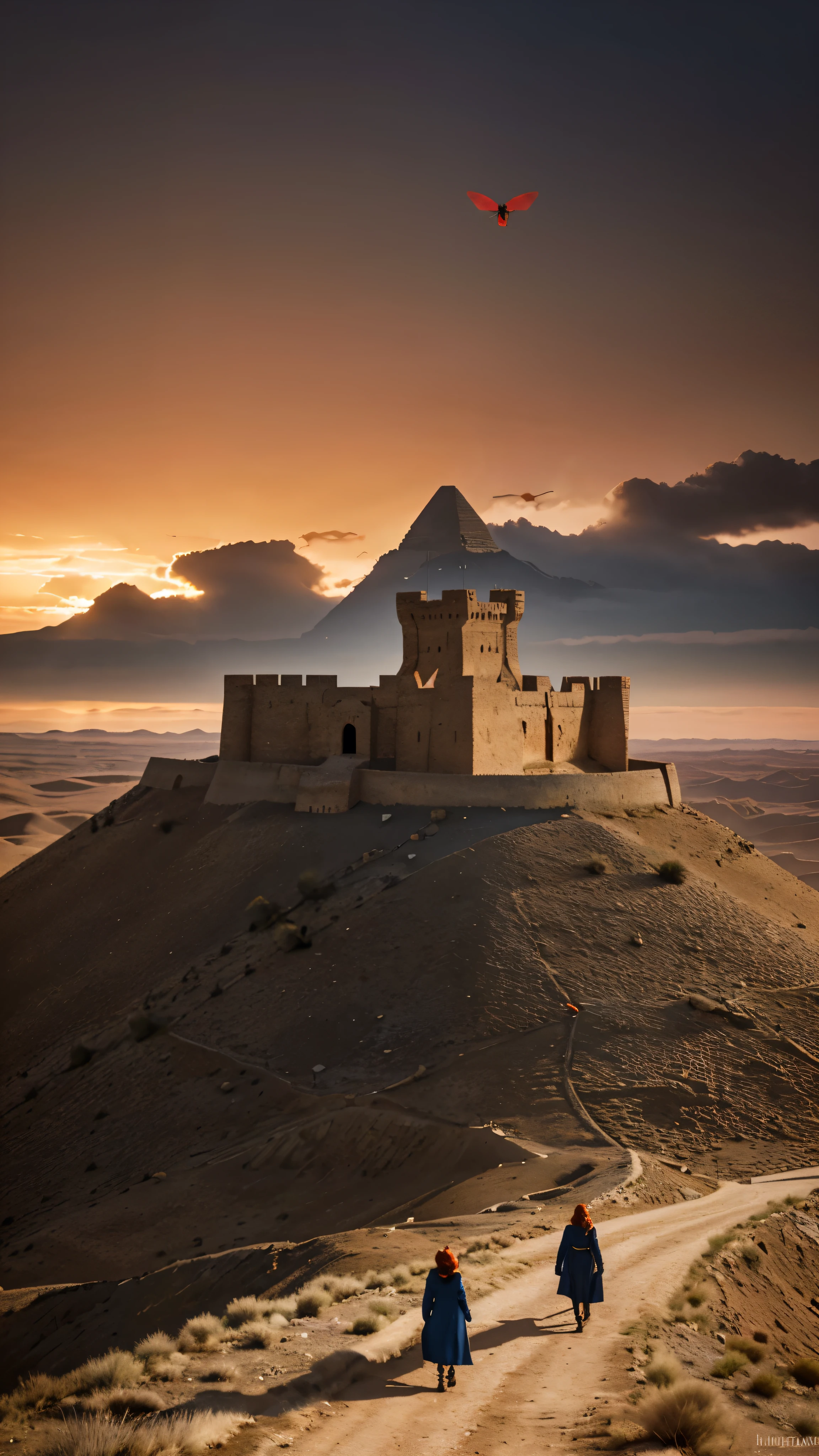 High-definition images、Mastepiece、An illustration、(Located in a remote desert area、A huge military pyramidal fortress made of carved stone))、Pale blue sky、Light of the sun、nature、(Mountain Range)、No saturation、(A girl in a dark blue coat standing in the distance and walking towards the castle)、medium length red hair、Egypt、(A dark dragon with glowing red eyes flies over the fortress