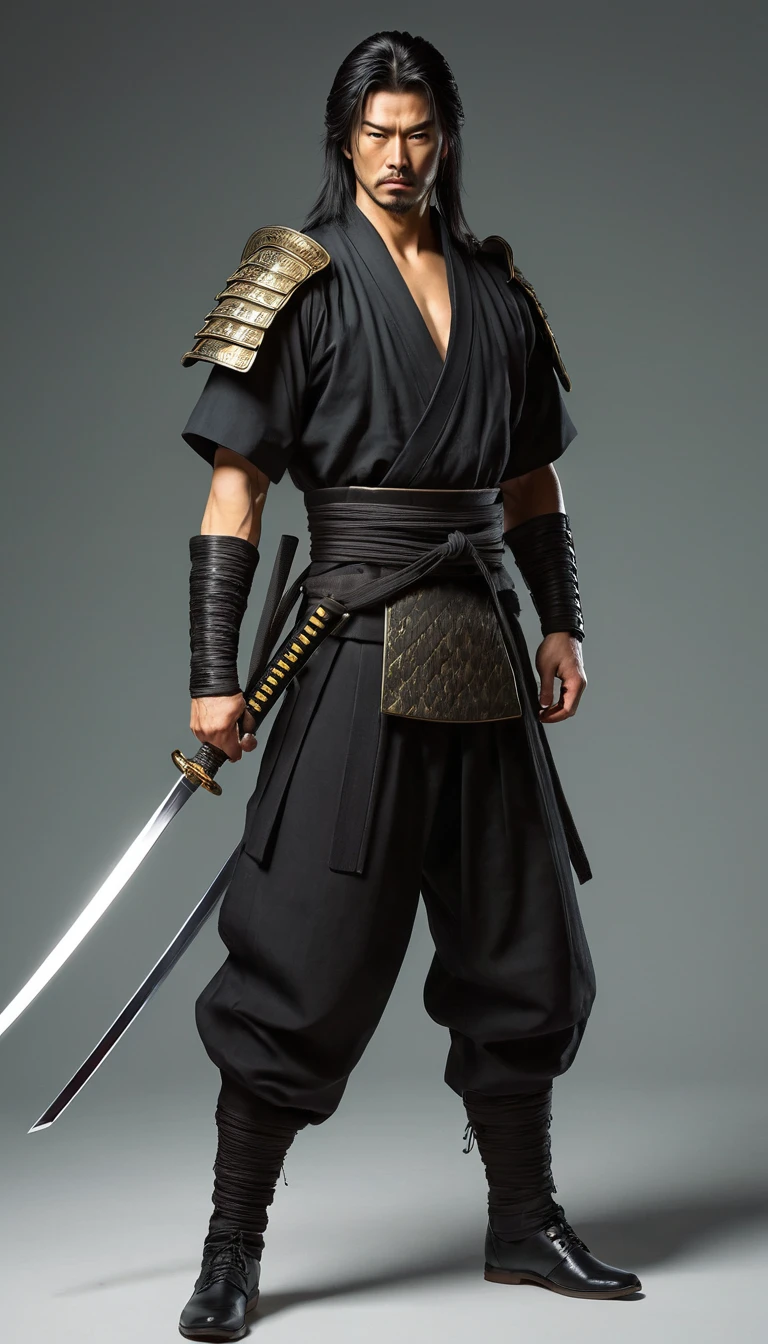 1male samurai warrior standing, (pulling Japanese sword from sheath on waist), (clothes, pants and shoes like a futuristic samurai), mature male, /(long black hair tied up/) bangs, cool expression, (serious look:0.5), dignified, (masterpiece best quality:1.2) delicate illustration ultra-detailed, medium chest BREAK (holding (katana sword:1.2)), (blade shimmering), (holding sword sheath) BREAK