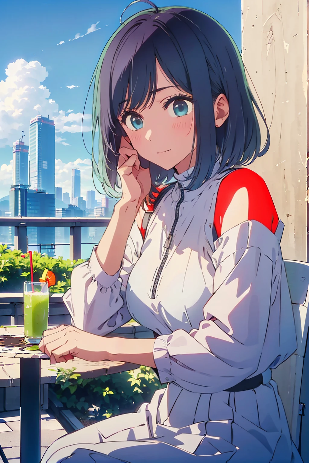 (Highest quality:1.4、8K:1.4、detailed)、F cup bust、Big Breasts、Slim body、Very white beautiful skin、((((1 person、Surprised expression、sit、Chair、In the background are the urban buildings of Tokyo、looking at the camera、Outdoor café terrace、Navy hair color、juice、table、Very cute face))))、((((nude、Areola))))、(Pose with hair tucked behind ear with one hand:1.4、Cheek resting on hand:1.4)、(Off-the-shoulder black blouson with zipper)、Very blue sky、A completely cloudless sky
