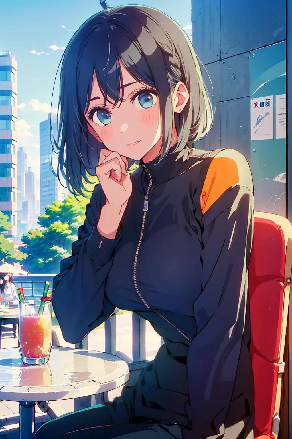 (Highest quality:1.4、8K:1.4、detailed)、F cup bust、Big Breasts、Slim body、Very white beautiful skin、((((1 person、Surprised expression、sit、Chair、In the background are the urban buildings of Tokyo、looking at the camera、Outdoor café terrace、Navy hair color、juice、table、Very cute face))))、((((nude、Areola))))、(Pose with hair tucked behind ear with one hand:1.4、Cheek resting on hand:1.4)、(Off-the-shoulder black blouson with zipper)、Very blue sky、A completely cloudless sky