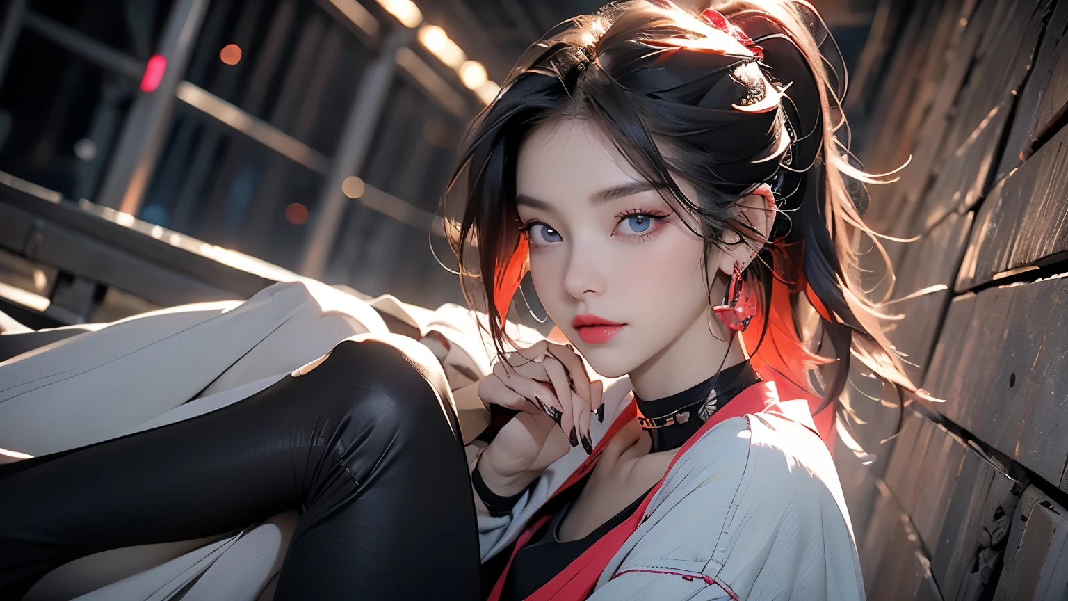 Hair above one eye, Red eyes, Clear Eyes, choker, Neon Shirt, Torn legwear, Open jacket, Against the wall, Brick wall, graffiti, Shineing grafiti, Shineing tattoos, Shine, Neon Light, Black light,Anime Style, movieポートレート写真, 1 female, 22 years ago, Esbian all over,Blue Eyes Background, Big and ample breasts, anger, (Scarlet Hair), Long Hair, Purple eyes, Wearing a short black dress, (Natural skin texture Crisp details, Surreal, (Realistic eyes, Natural skin texture, Realistic facial details), Soft and dramatic lighting, Written boundary depth, Bokeh, Crisp details, Surreal, 35mm movie, Absent-minded, movie,lipstick, ear piercing, eye shadow, Hoop Earrings, Red pink lips, 多色のRed eyes, Purple Theme,Wear an iridescent aura,Beautiful Eyes,Standing in front of the red gate,Bold Pose、Upward glance,Top ponytail,drooping bangs、Shoot from below、Peep、Looking straight down、Angle seen from the foot,boots,(((Shooting from various angles))