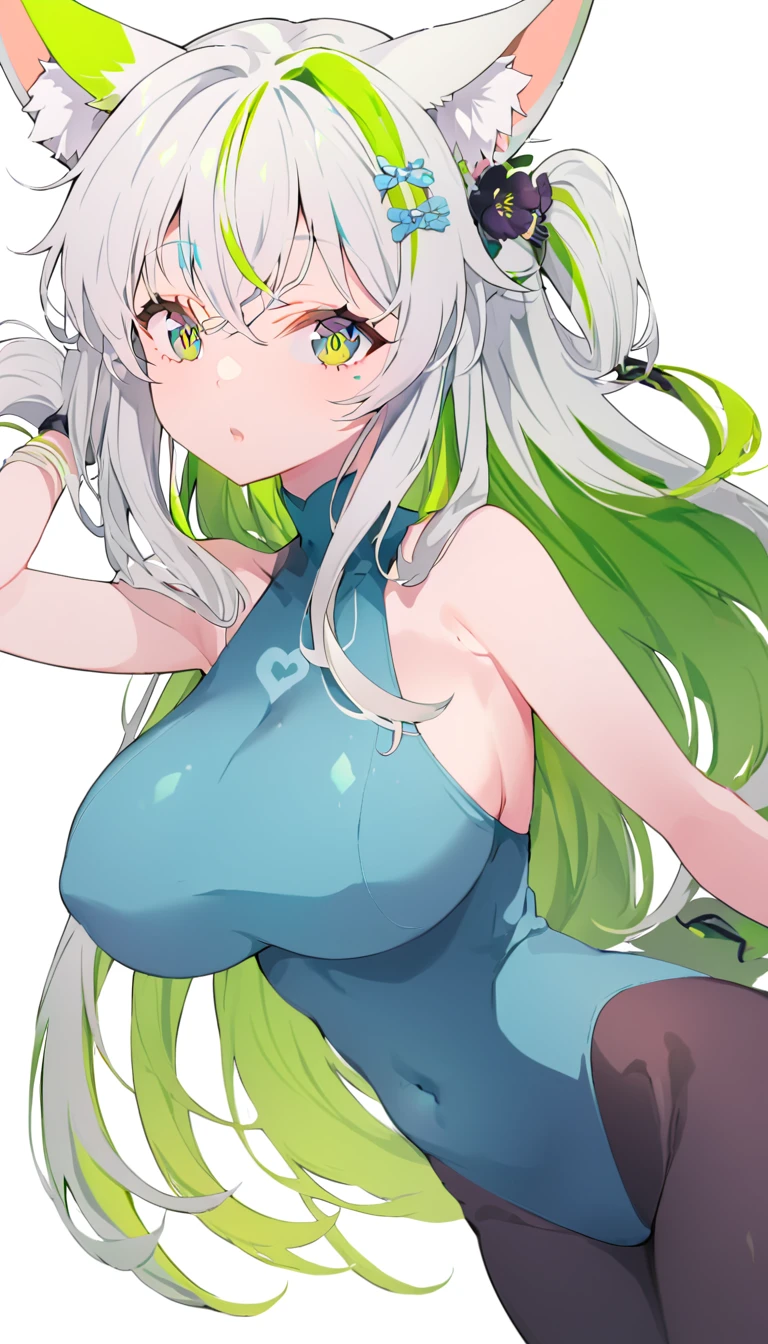 there is an anime chick with crazy colors on her hair and body, 1girl, green hair, white hair, green eyes, solo, breasts, animal ears, long hair, large breasts, covered navel, white background, multicolored hair, looking at viewer, bodysuit, animal ear fluff, very long hair, hair ornament