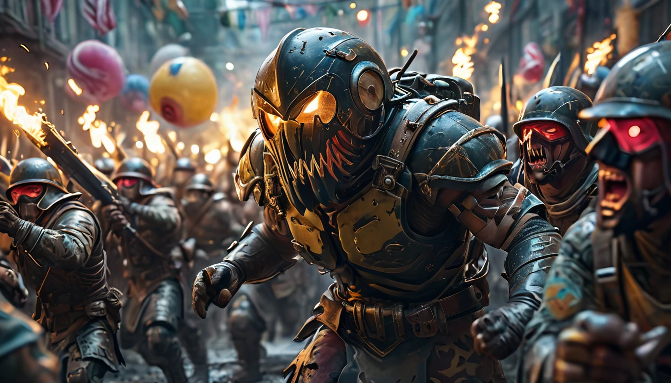 Soldiers in full-face helmets rampaging through a party, 4k masterpiece, best quality, (highly detailed CG unity 8k wallpaper), (best quality), (best illustration), (best shadows), absurd realistic lighting, (abyss), beautiful glow, art by Peter Mohrbacher,