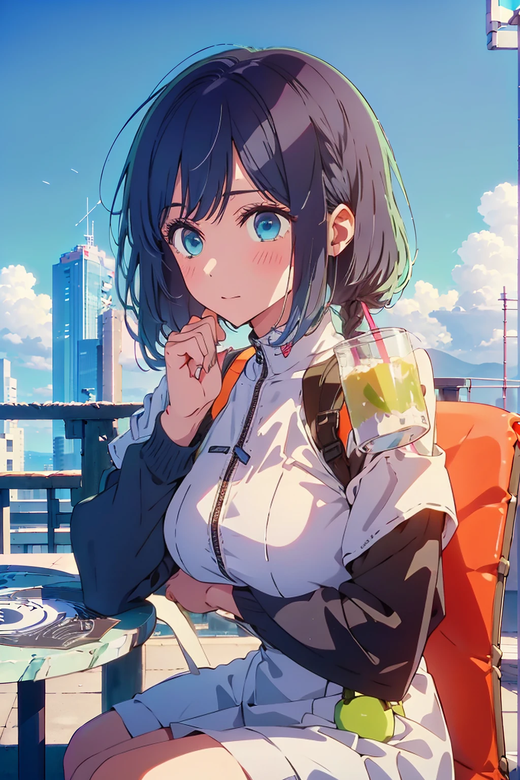 (Highest quality:1.4、8K:1.4、detailed)、F cup bust、Big Breasts、Slim body、Very white beautiful skin、((((1 person、Surprised expression、sit、Chair、In the background are the urban buildings of Tokyo、looking at the camera、Outdoor café terrace、Navy hair color、juice、table、Very cute face))))、((((nude、Areola))))、(Pose with hair tucked behind ear with one hand:1.4、Cheek resting on hand:1.4)、((Off-the-shoulder black blouson with zipper))、Very blue sky、A completely cloudless sky