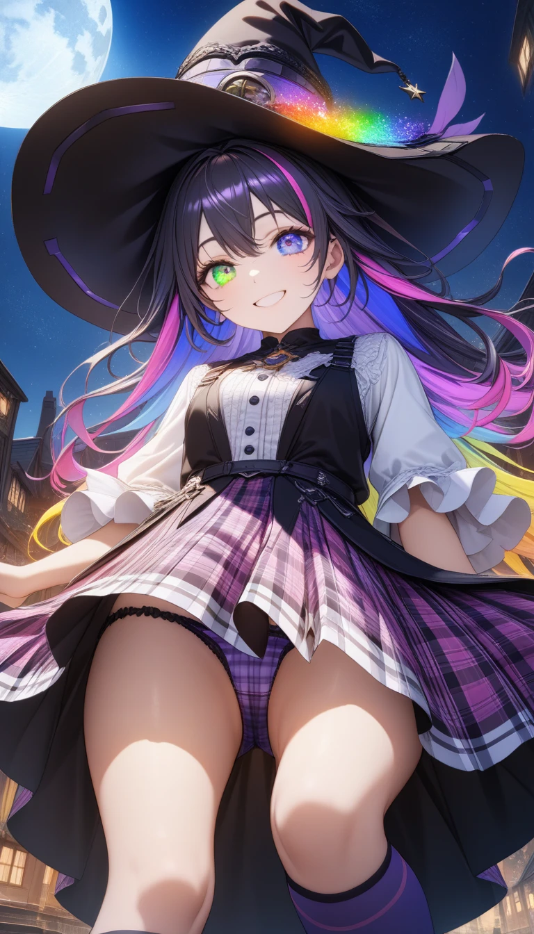 32k, best quality, ultra high res, HDR, UHD, extremely detailed CG, unity 32k wallpaper, (((16k))), (((hight quality))), (((high-level image quality))), (((beautiful colorful eyes))), (((beautiful colorful hair))), ultra detailed colorful antenna hair, (((smile))), (((happy))), (((16k quality full moon))), (((extremely detailed background))), (((starry sky background))), (((town background))), (((unity 16k wallpaper))), (((masterpiece))), (((best quality))), (((ultra-detailed))), (((an extremely delicate and beautiful))), (((beautiful detailed eyes))), (((beautiful detailed glow))), ((((ultra detailed colorful plaid dress)))), (((peer in from below))), ((cowboy shot)), ((face focus)), (((ultra detailed plaid witch hat))), ((( shot))), (((purple plaid underwear))), (((purple over-kneehighs))), (beautiful five-fingered hand),