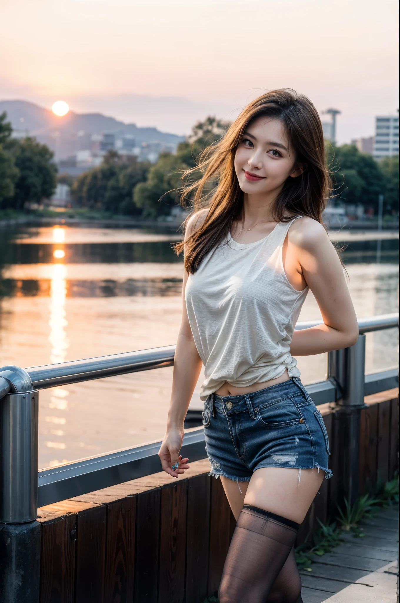ulzzang-6500-v1.1, (RAW Photos:1.2), (Photorealistic), Beautiful detailed girl, (Genuine: 1.4), (masterpiece), 1 Girl, Photo Model, smile, Focus on the audience, Beautiful lighting, Highest quality, masterpiece, Ultra-high resolution, Realistic, Black Hair, Short tank top, Shorts, Ultra-realistic hose、super Realistic stockings, Medium chest, White skin,( Sunset background:1.4), Walking、Full Body Shot:1.2