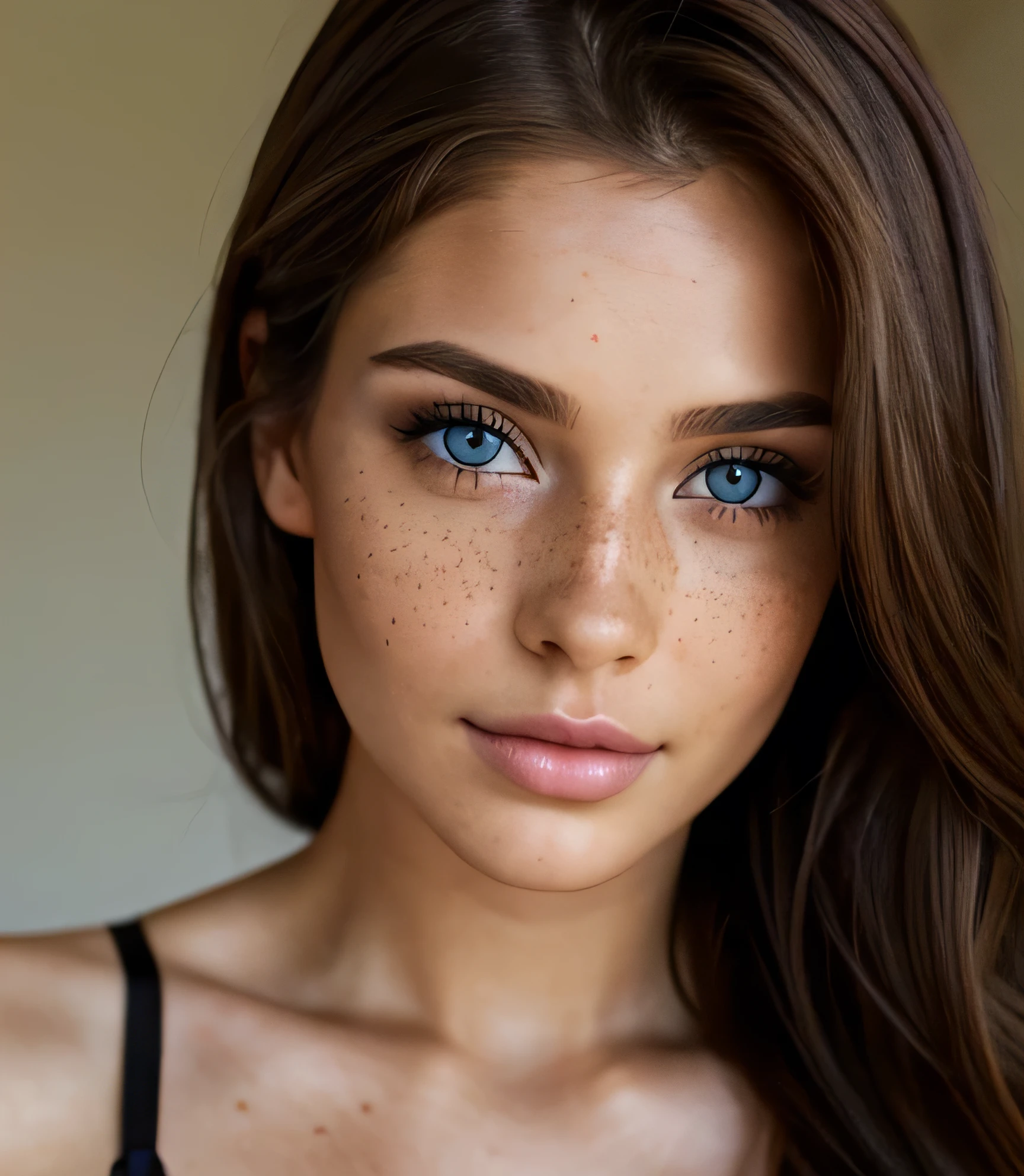 Beautiful woman, realistic eyes, long brown hair, 25 years old, model, full lips, slightly freckles, special camera angle, black bra