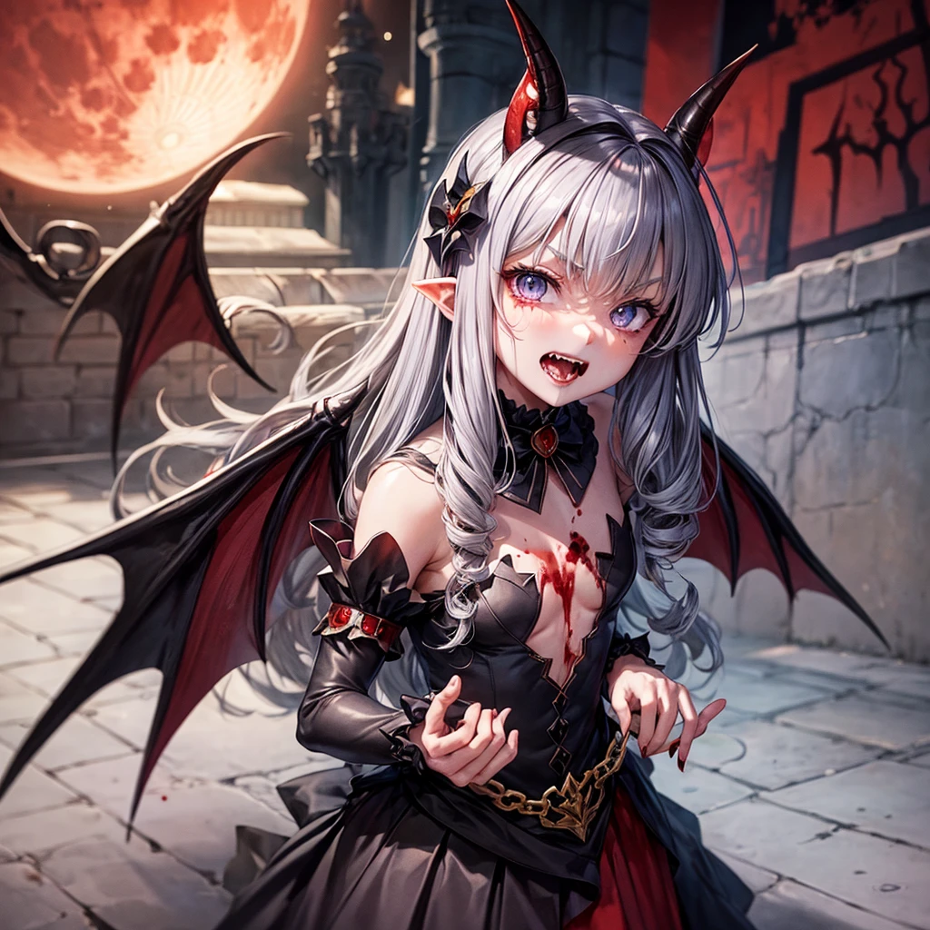 His chest was covered in blood、Anime girl with blood dripping from her chest, gapmoe Yandere grimdark, Devil anime girl, Shatia Bradfren, Bad guy anime 8k, Yandere intricate, portrait gapmoe Yandere grimdark, Vampire Girl, bloody + Concept Art, Yandere, Anime style 4k, Open mouth and bite,Blood at the corner of mouth,Small tiger teeth,Devil Wings, Gothic girl anime long skirt,Red Moon,castle