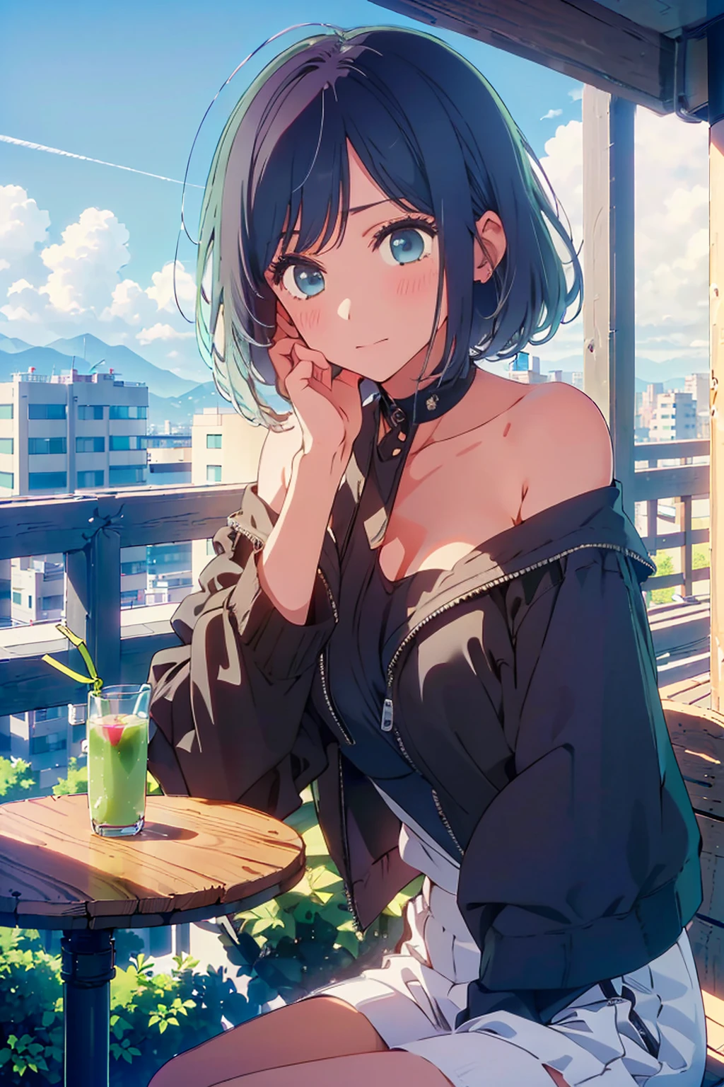 (Highest quality:1.4、8K:1.4、detailed)、F cup bust、Big Breasts、Slim body、Very white beautiful skin、((((1 person、Surprised expression、sit、Chair、In the background are the urban buildings of Tokyo、looking at the camera、Outdoor café terrace、Navy hair color、juice、table、Very cute face))))、((((nude、Areola))))、(Pose with hair tucked behind ear with one hand:1.4、Cheek resting on hand:1.4)、((((Off-the-shoulder black blouson with zipper))))、Very blue sky、A completely cloudless sky