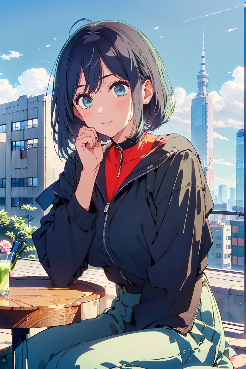 (Highest quality:1.4、8K:1.4、detailed)、F cup bust、Big Breasts、Slim body、Very white beautiful skin、((((1 person、Surprised expression、sit、Chair、In the background are the urban buildings of Tokyo、looking at the camera、Outdoor café terrace、Navy hair color、juice、table、Very cute face))))、((((nude、Areola))))、(Pose with hair tucked behind ear with one hand:1.4、Cheek resting on hand:1.4)、((((Off-the-shoulder black blouson with zipper))))、Very blue sky、A completely cloudless sky