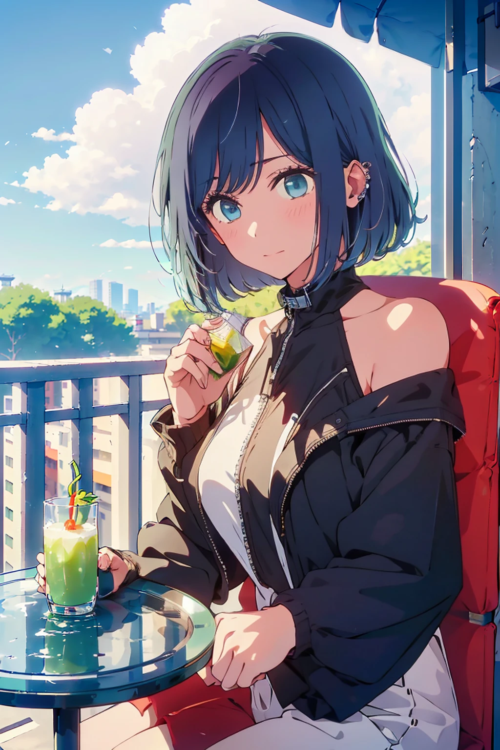 (Highest quality:1.4、8K:1.4、detailed)、F cup bust、Big Breasts、Slim body、Very white beautiful skin、((((1 person、Surprised expression、sit、Chair、In the background are the urban buildings of Tokyo、looking at the camera、Outdoor café terrace、Navy hair color、juice、table、Very cute face))))、((((nude、Areola))))、(Pose with hair tucked behind ear with one hand:1.4、Cheek resting on hand:1.4)、((((Off-the-shoulder black blouson with zipper))))、Very blue sky、A completely cloudless sky