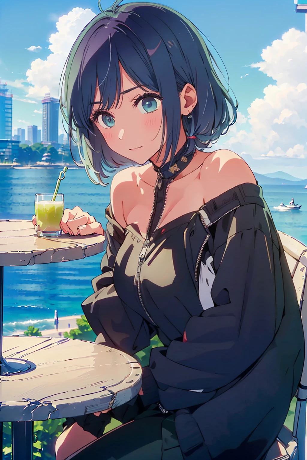 (Highest quality:1.4、8K:1.4、detailed)、F cup bust、Big Breasts、Slim body、Very white beautiful skin、((((1 person、Surprised expression、sit、Chair、In the background are the urban buildings of Tokyo、looking at the camera、Outdoor café terrace、Navy hair color、juice、table、Very cute face))))、((((nude、Areola))))、(Pose with hair tucked behind ear with one hand:1.4、Cheek resting on hand:1.4)、((((Off-the-shoulder black blouson with zipper))))、Very blue sky、A completely cloudless sky
