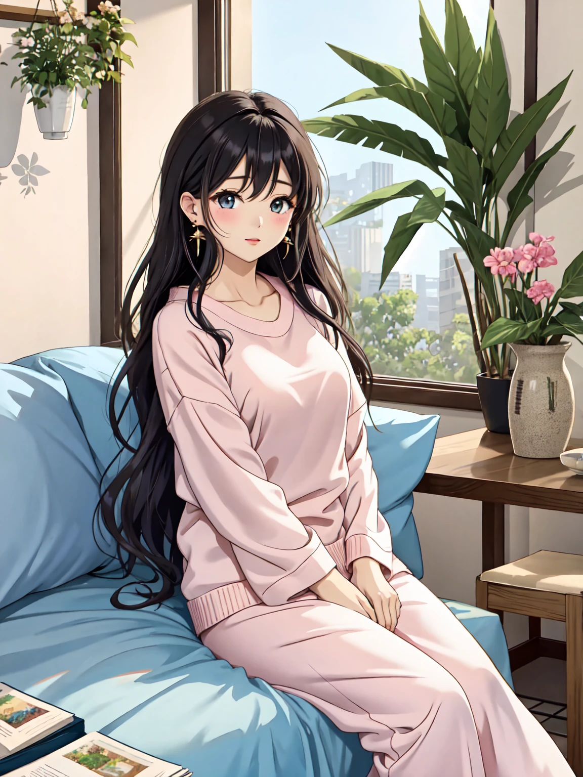 A serene gyaru girl from the early 2010s, featured in a Japanese nature magazine, waking up in the morning with smooth, natural black hair flowing freely, fresh-faced with minimal makeup, soft natural eyebrows, fair and clear skin, wearing a cozy oversized sweater and comfortable pajama pants, simple stud earrings, holding a steaming cup of herbal tea, sitting on a neatly made bed surrounded by potted plants and nature books, in a tranquil, softly lit bedroom filled with calming nature-themed decorations and soft pastel colors reflecting her love for a peaceful lifestyle.