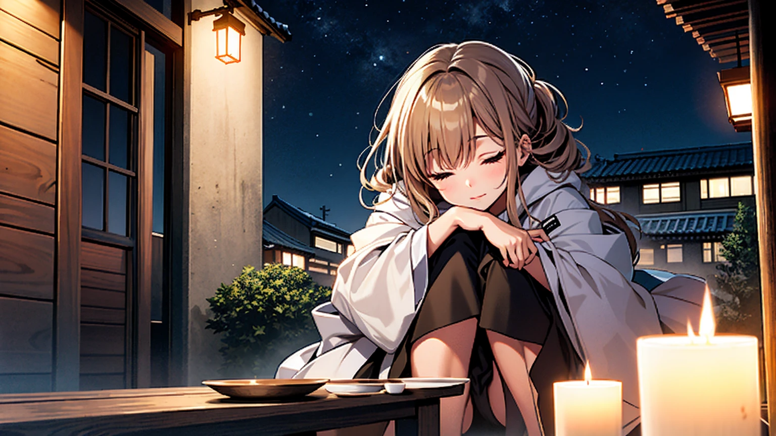 There is a woman drinking miso soup. It is night.。Sitting with knees raised, eyes closed, living alone　relax