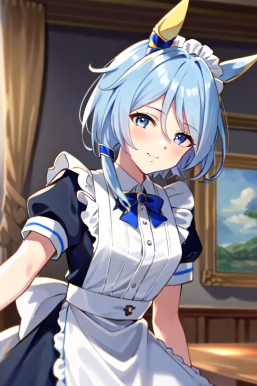 (masterpiece), highly detailed, best quality, (high resolution), 8k, 1girl, k.s.miracle, umamusume, solo, short hair, blue hair, horse ears, horse girl, horse tail, blue eyes, beautiful blue eyes, cinematic angle, looking at viewer, maid, main apron, maid headdress, (tareme), smile, closed mouse,