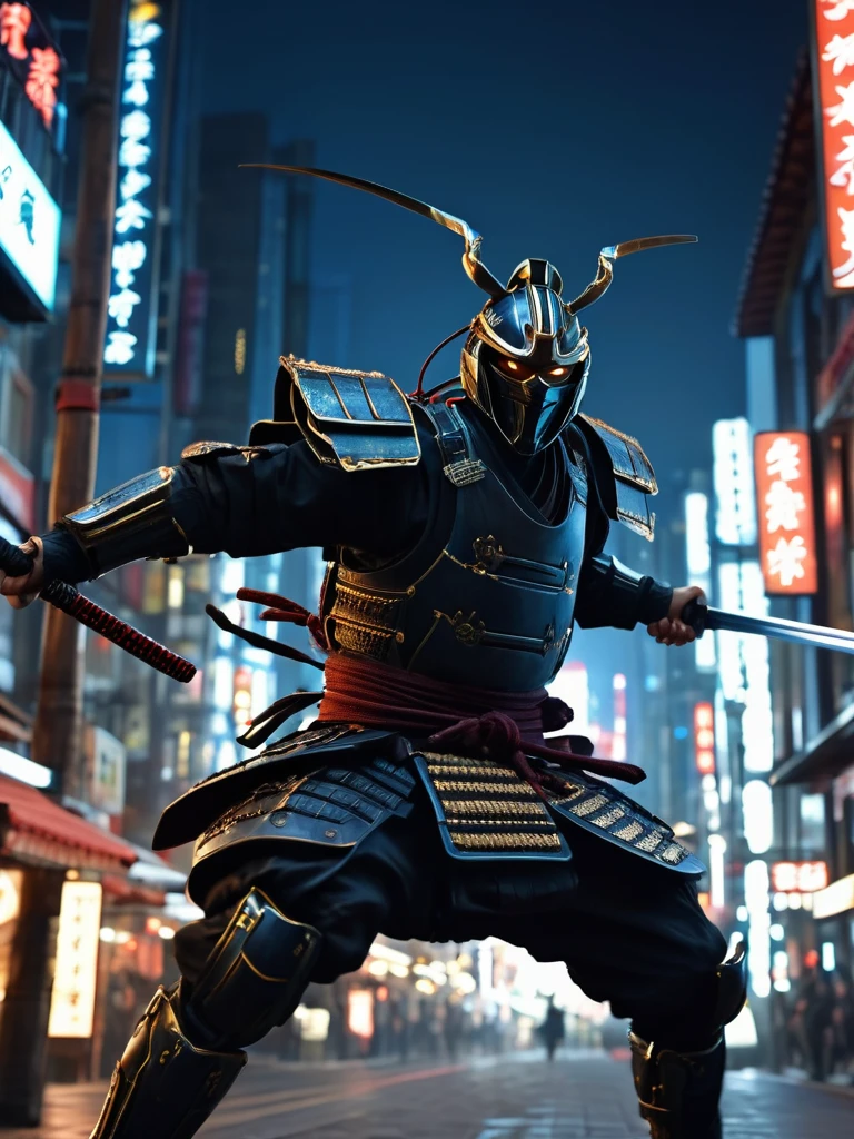 A movie frame depicting an action scene, Cybernetic samurai jumps and swings his sword at enemies, There was a look of anger on his face, Angry smile, Big city streets, evening, evening lighting, Lantern Light, Dynamic Frame, Cinema Lighting, Focus on the Samurai, High detail, Maximum realism, Movie Processing